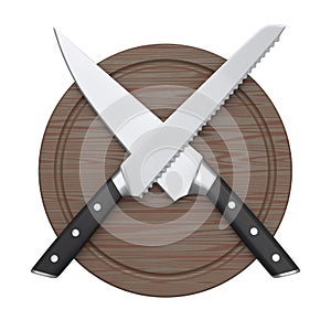 Chef's kitchen knives on a wooden board isolated on white background.