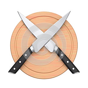 Chef's kitchen knives on a wooden board isolated on white background.