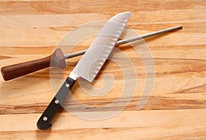 Chef's knife with honing steel photo
