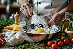 A chef s skilled hands whisk a bright yolk among herbs, prepping for an omelette