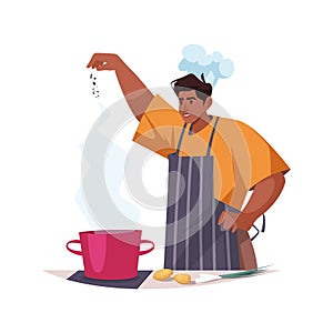 Chef chef salting soup in pot. Vector clipart