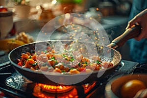 Chef Sauteing Seasoned Shrimp on Stove, Flames and Sparks, Professional Kitchen Cooking Scenery with Ambient Light