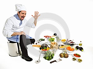 Chef scared seeing all the ingredients of his new recipe