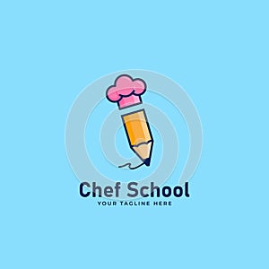 Chef School logo icon with pencil and chef hat, recipe blogger logo icon concept