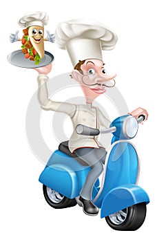 Chef on Scooter Moped Delivering Souvlaki Pita Kebab