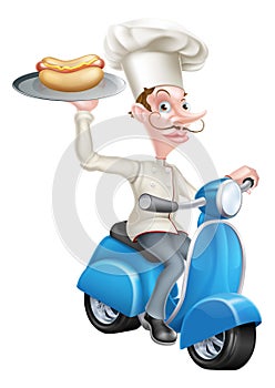 Chef on Scooter Moped Hot Dog