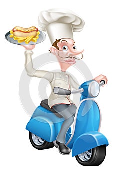 Chef on Scooter Moped with Hotdog and Chips