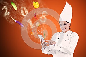 Chef searching recipe with smartphone