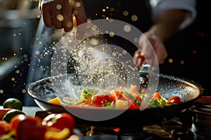 A Chef Seasoning Vegetables In A Sizzling Pan For A Gourmet Hotel Advertisement