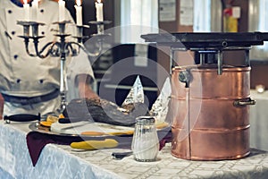 Chef serving chateaubriand meat