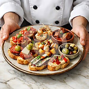 Chef Serving Elegant Tapas Platter With Mediterranean Appetizers