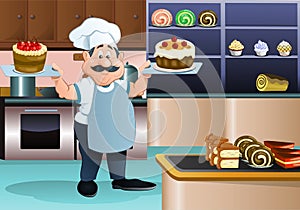 Chef serving sweet cake on bakery background