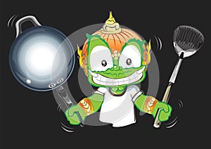 Chef showing pan and flipper in his hand Thai giant cartoon acting character design photo