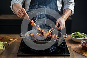 Chef skillfully grills flavorful barbecue skewers on a smoky stove top
