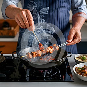 Chef skillfully grills flavorful barbecue skewers on a smoky stove top photo