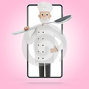 Chef at the smartphone screen. Online cooking courses, proper cooking. Delivery from the restaurant