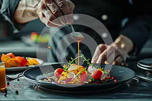 Chef is spooning sauce onto plate of food, adding flavor to dish