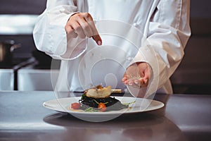 Chef sprinkling spices on dish