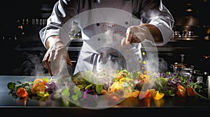 Chef Sprinkling Spices on a Plate of Food