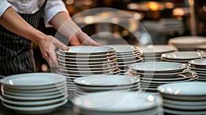 Chef stacking clean plates in a professional kitchen setting