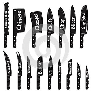 Chef steel knife. Kitchen meat cut knives, boning, cleaver, butcher, filleting, meat knives silhouettes. Butcher shop