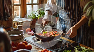 The chef stirring fresh vegetables.AI generated image