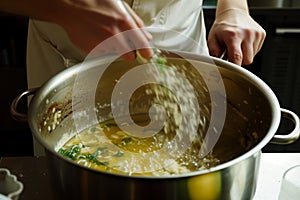 chef stirring ingredients in a large silver pot