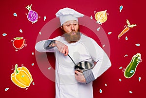 Chef is surprised about a new recipe. burgundy background