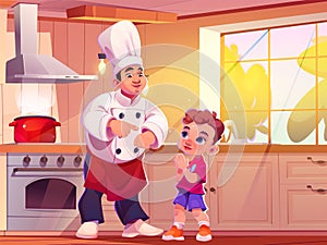 Chef teaching boy to cook in kitchen