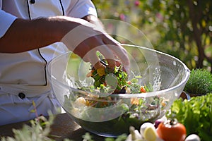 chef tossing salad in a bowl outside
