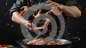 Chef tossing shrimp in a frying pan