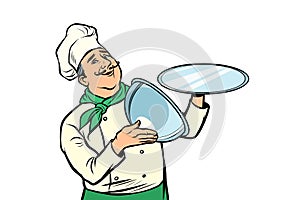 Chef with tray with open lid. isolate on white background
