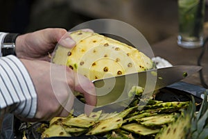 Chef trimming a pineapple to prepare some cockatiels 