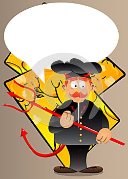 Chef in uniform devil with pitchfork.