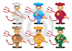 Chef in uniform devil with pitchfork.