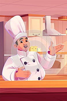 Chef in uniform and hat on kitchen.