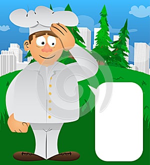 Chef in uniform placing hand on head.