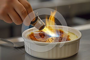 chef using a blowtorch to caramelize a crme brle