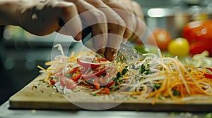A chef using a mandoline to create paperthin slices of vegetables for a delicate and intricate salad photo
