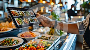 Chef Using a Tablet to Display Dish Options in a Modern Kitchen