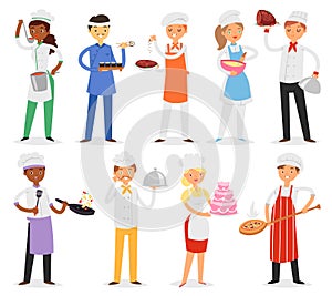 Chef vector cook character woman or man cooking food dish on kitchen of restaurant illustration set of professional