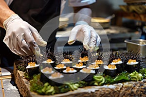 chef wearing gloves arranging uni sea urchin sushi