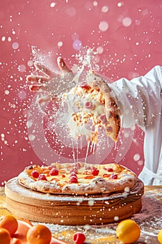 Chef in White Jacket Tossing Gourmet Pizza in Air with Flour Dust and Cheese Flying in Commercial Kitchen Setting