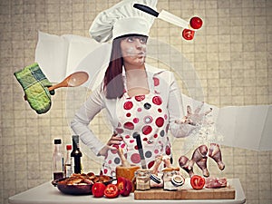 chef woman cooking with magic