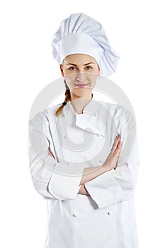 Chef woman. Isolated over white background