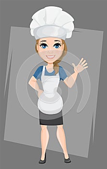 Chef woman making greeting gesture. Cute cartoon character cook
