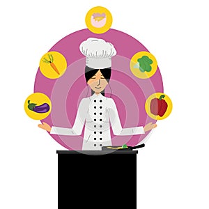 Chef woman prepares food from various ingredients, illustration for restaurants, cafes, journalistic materials