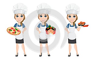 Chef woman set. Cute cartoon character cook with pizza, cake and sushi.