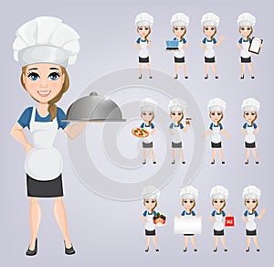 Chef woman set. Cute cartoon character cook.