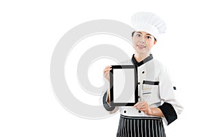 Chef woman showing digital tablet pad